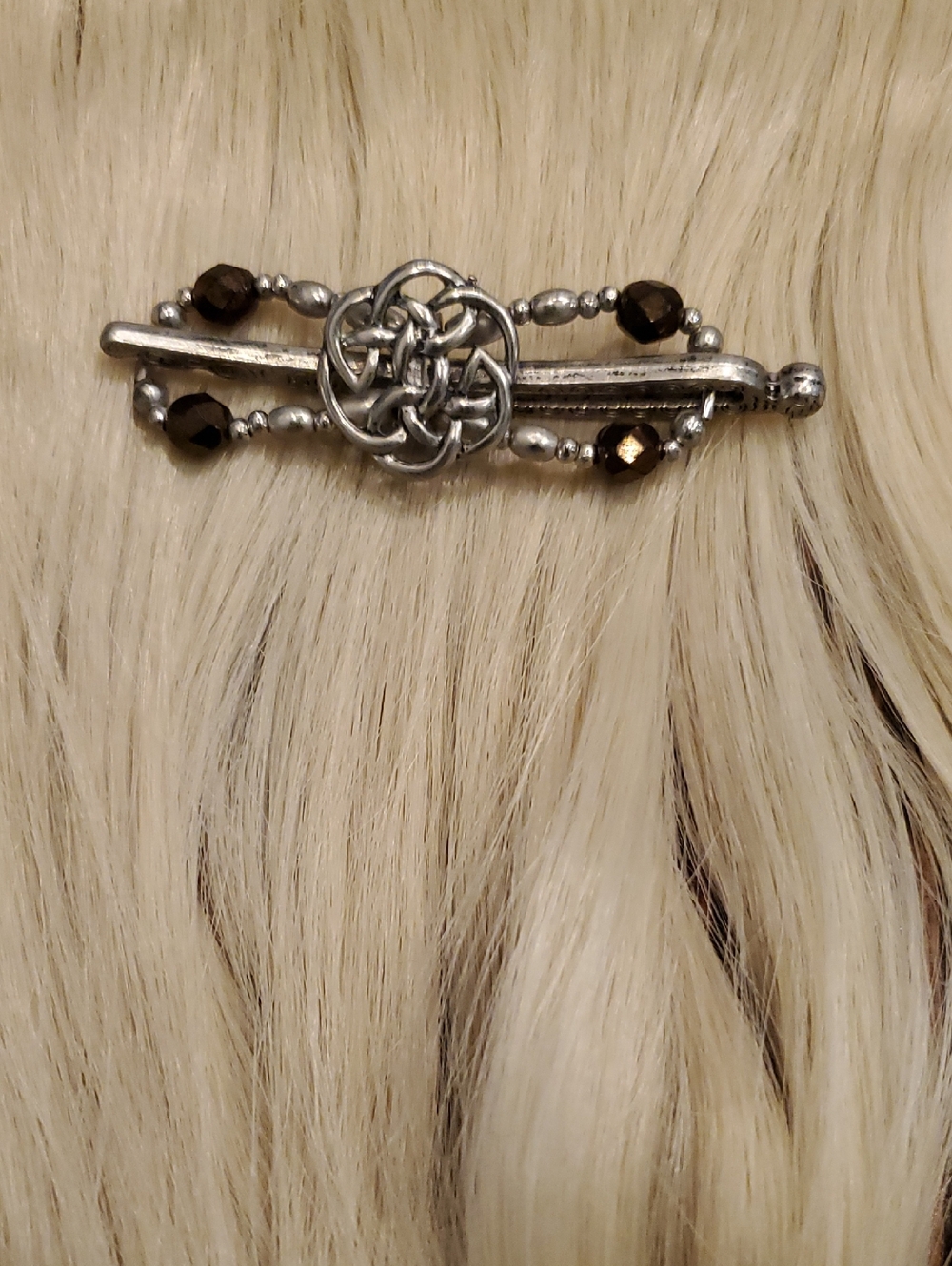 Silver Celtic Knot Hair Slide with Brown Beads